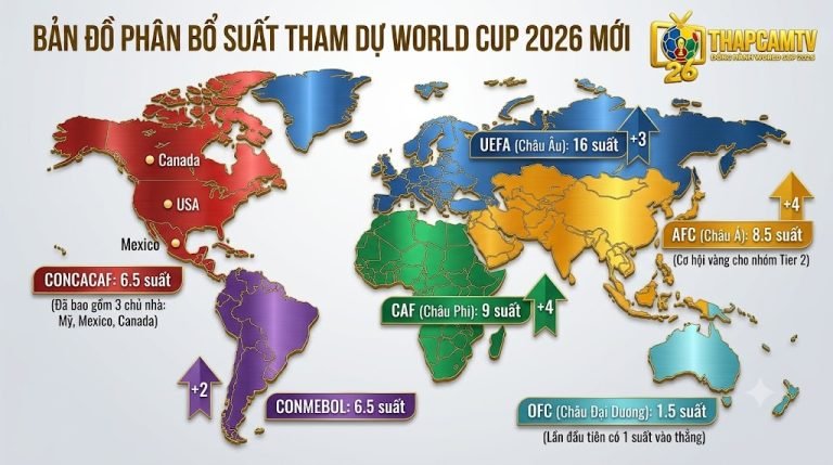 Bản đồ phân bổ suất tham dự World Cup 2026 toàn cầu. Chi tiết số lượng mở rộng: UEFA 16 suất (+3), CAF 9 suất (+4), AFC 8.5 suất (+4), CONMEBOL 6.5 suất (+2), CONCACAF 6.5 suất và OFC 1.5 suất. Đồ họa phân tích chiến thuật từ Thapcamtv.