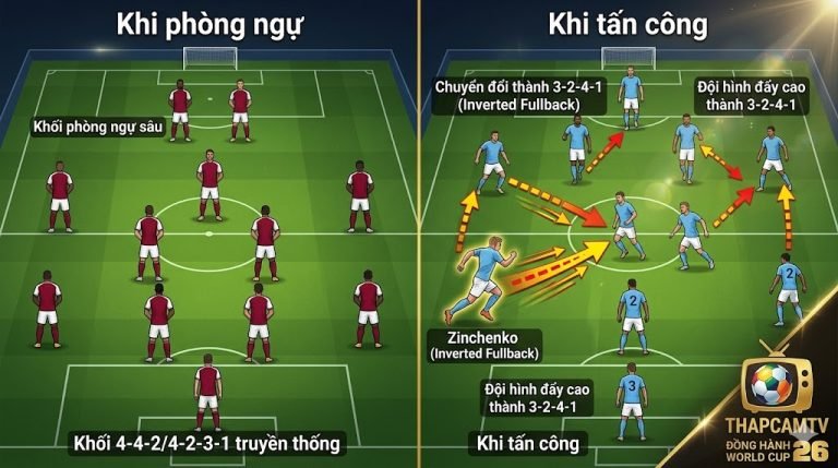 Sơ đồ đồ họa minh họa quá trình chuyển đổi trạng thái từ khối phòng ngự sơ đồ 4-4-2] sang thế trận tấn công 3-2-4-1