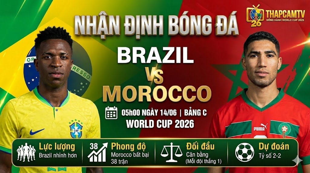 Nhận định bóng đá Brazil vs Morocco bảng C World Cup 2026, phân tích tỷ số và lực lượng chi tiết từ chuyên gia ThapcamTV.