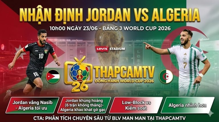 Hình ảnh bìa bài viết nhận định tỷ số trận đấu Jordan vs Algeria lúc 10h00 ngày 23/06 tại bảng J World Cup 2026 từ chuyên gia ThapcamTV.