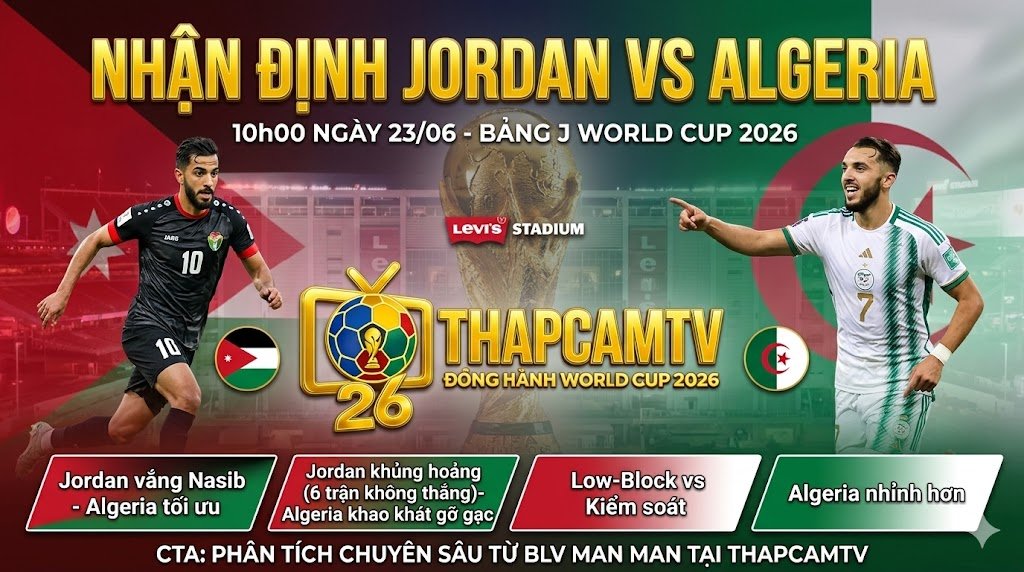 Hình ảnh bìa bài viết nhận định tỷ số trận đấu Jordan vs Algeria lúc 10h00 ngày 23/06 tại bảng J World Cup 2026 từ chuyên gia ThapcamTV.