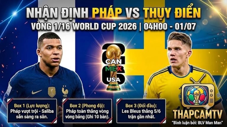 Ảnh bìa nhận định bóng đá trận Pháp vs Thụy Điển vòng 1/16 World Cup 2026 trên THAPCAMTV