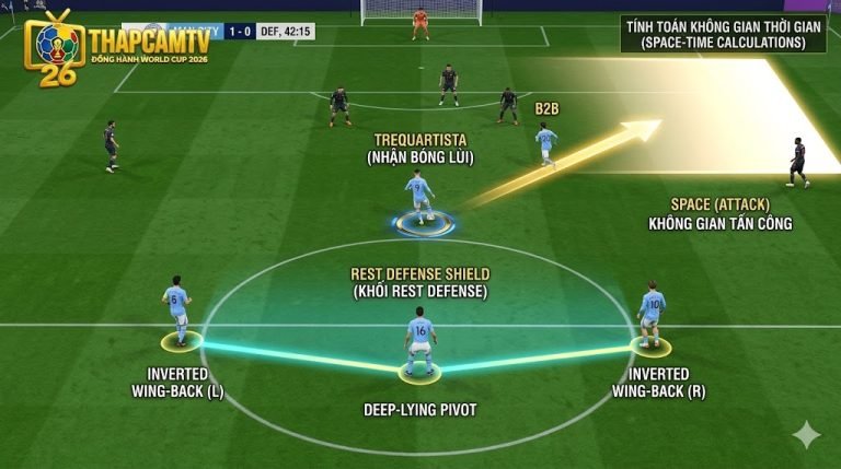 Phân tích góc máy 3D chiến thuật Strikerless trong thực chiến: Trequartista nhận bóng lùi sâu kết hợp khối Rest Defense từ Hậu vệ biên ngược (Inverted Wing-Back).