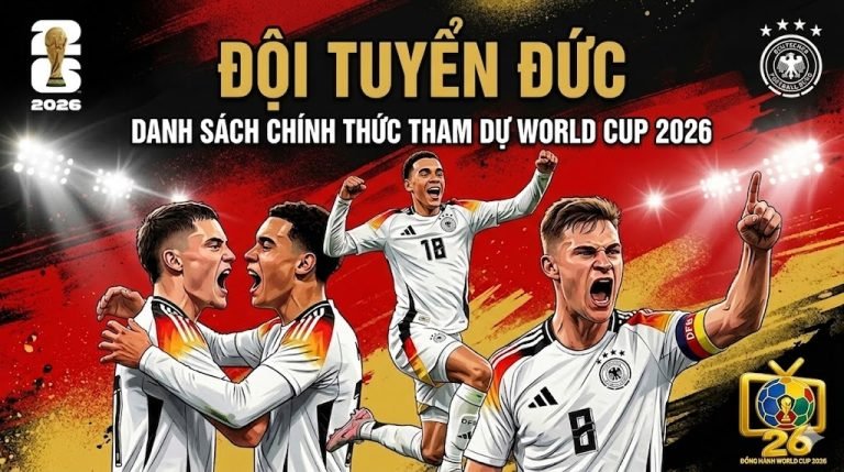 Thumbnail bài viết về đội tuyển Việt Nam tham dự World Cup 2026, hình ảnh các cầu thủ ăn mừng bùng nổ và HLV đang chỉ đạo trên nền cờ đỏ sao vàng.