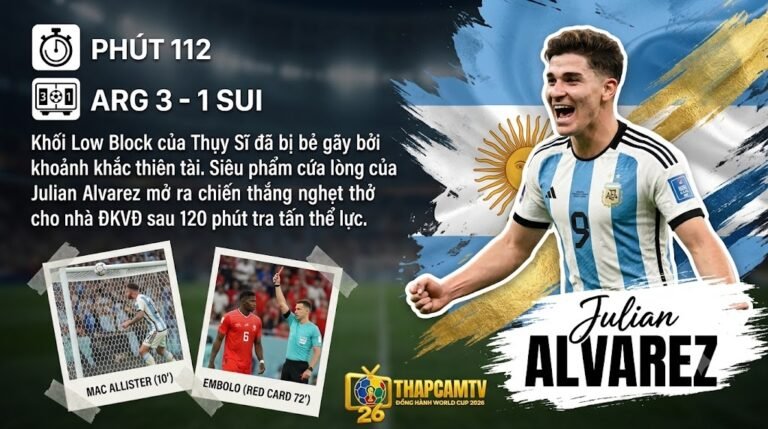 Julian Alvarez ăn mừng siêu phẩm giúp Argentina đánh bại Thụy Sĩ 3-1 tại tứ kết World Cup 2026 - Theo dõi tin tức trên Thapcamtv.