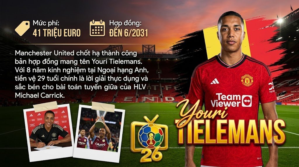 Youri Tielemans chính thức ra mắt Manchester United với bản hợp đồng 41 triệu euro kéo dài đến 2031, cập nhật tin tức bóng đá tại Thapcamtv.