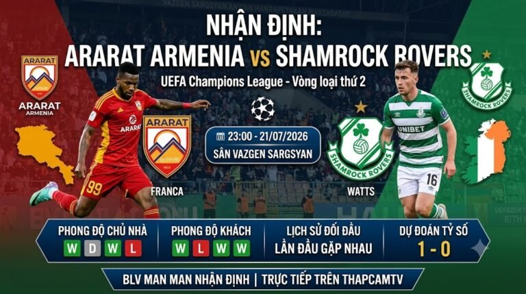 Ảnh bìa nhận định trận đấu Ararat Armenia vs Shamrock Rovers tại vòng loại Cúp C1, tóm tắt phong độ và dự đoán tỷ số.