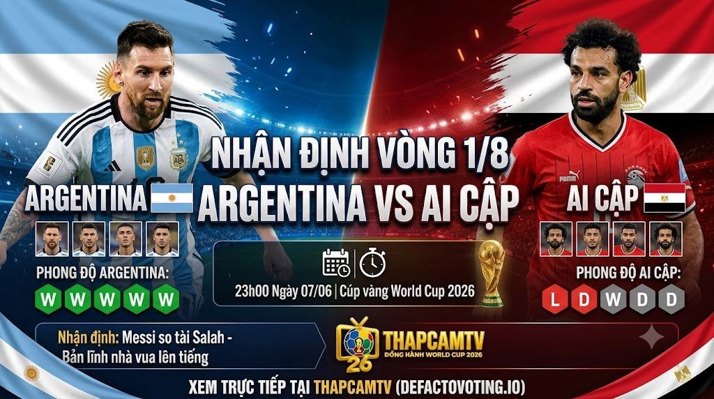 Hình ảnh nhận định trận đấu Argentina vs Ai Cập tại vòng 1/8 World Cup 2026, cuộc so tài đỉnh cao giữa Lionel Messi và Mohamed Salah trên nền tảng trực tiếp bóng đá Thapcamtv.