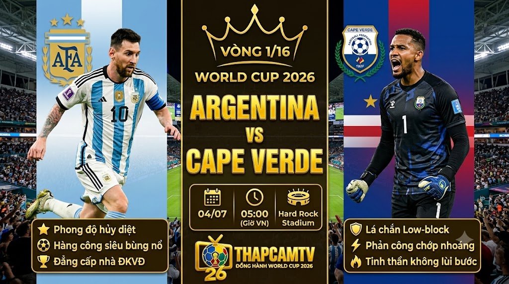 Nhận định bóng đá trận Argentina vs Cape Verde vòng 1/16 World Cup 2026: Cuộc đối đầu giữa siêu sao Lionel Messi và thủ thành Vozinha trên Thapcamtv.