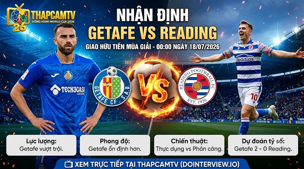Ảnh bìa nhận định trận đấu Getafe vs Reading diễn ra lúc 00:00 ngày 18/07/2026, phân tích chỉ số chuyên môn và dự đoán tỷ số chi tiết từ chuyên gia ThapcamTV.