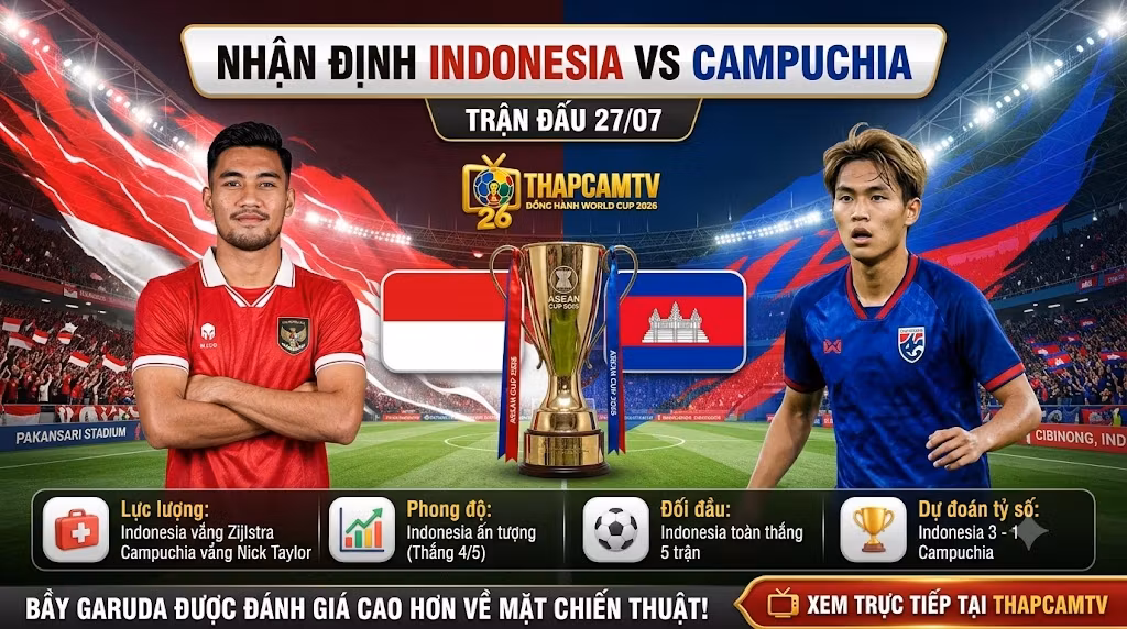 Nhận định tổng quan trận đấu Indonesia vs Campuchia tại vòng bảng ASEAN Cup 2026. Đánh giá lực lượng và phong độ chi tiết từ chuyên gia ThapcamTV.