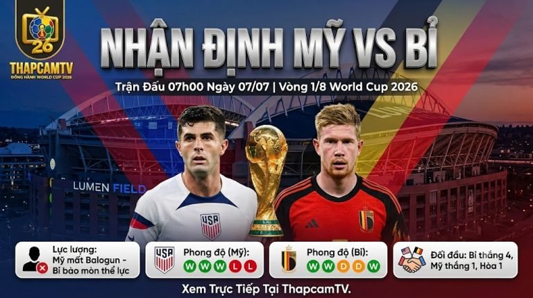 Ảnh bìa nhận định chuyên môn trận đấu giữa Mỹ vs Bỉ tại vòng 1/8 World Cup 2026, nổi bật với Christian Pulisic và Kevin De Bruyne cùng thống kê phong độ trên ThapcamTV.