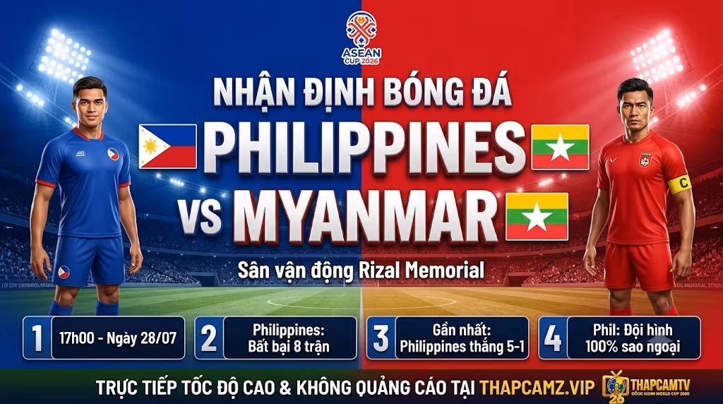 Ảnh bìa nhận định bóng đá trận Philippines vs Myanmar lúc 17h00 ngày 28/07 vòng bảng ASEAN Cup 2026 trên sân Rizal Memorial, cập nhật bởi ThapcamTV.