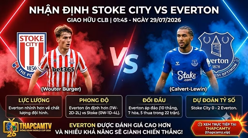 Banner nhận định trận đấu Stoke City vs Everton lúc 01:45 ngày 29/07/2026 cập nhật chi tiết trên nền tảng Thapcamtv.