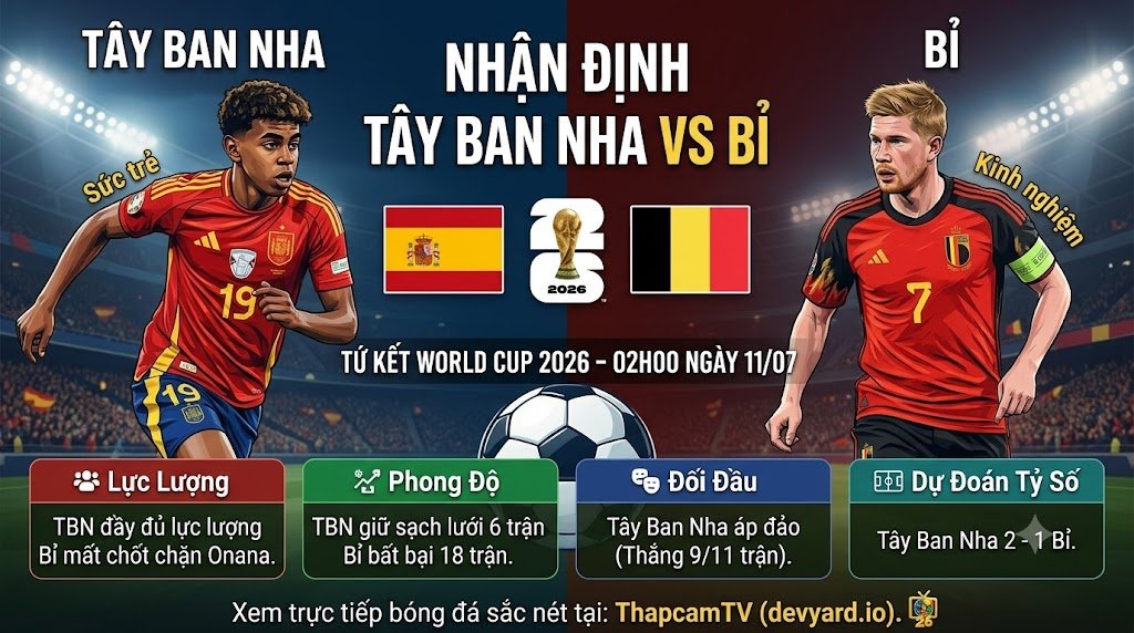 Nhận định tổng quan trận đấu Tây Ban Nha vs Bỉ tại tứ kết World Cup 2026, cuộc đối đầu giữa sức trẻ của Lamine Yamal và kinh nghiệm của Kevin De Bruyne.