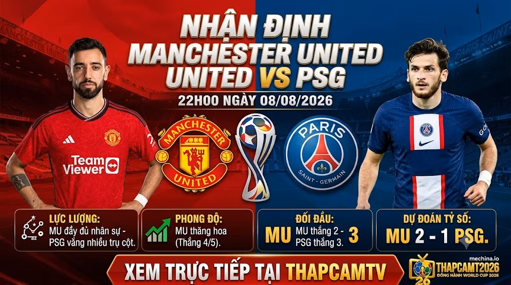 Nhận định bóng đá trận Manchester United vs PSG lúc 22h00 ngày 08/08/2026. Phân tích phong độ, lực lượng và tỷ số chi tiết cùng ThapcamTV.