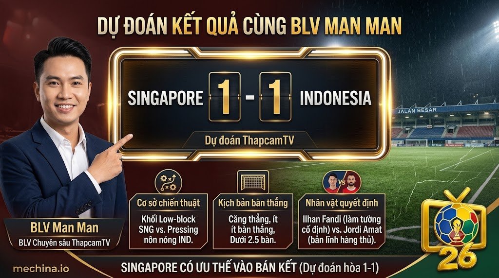 Đồ họa dự đoán tỷ số chuyên gia cho trận đấu giữa Singapore và Indonesia. Bên trái, BLV Man Man cười và chỉ vào một bảng tỷ số kỹ thuật số lớn hiển thị 'SINGAPORE 1 - 1 INDONESIA'. Bối cảnh là sân vận động Jalan Besar mờ trong mưa. Ba hộp dữ liệu phân tích và dòng kết luận được hiển thị ở phía dưới. Logo ThapcamTV và mechina.io.