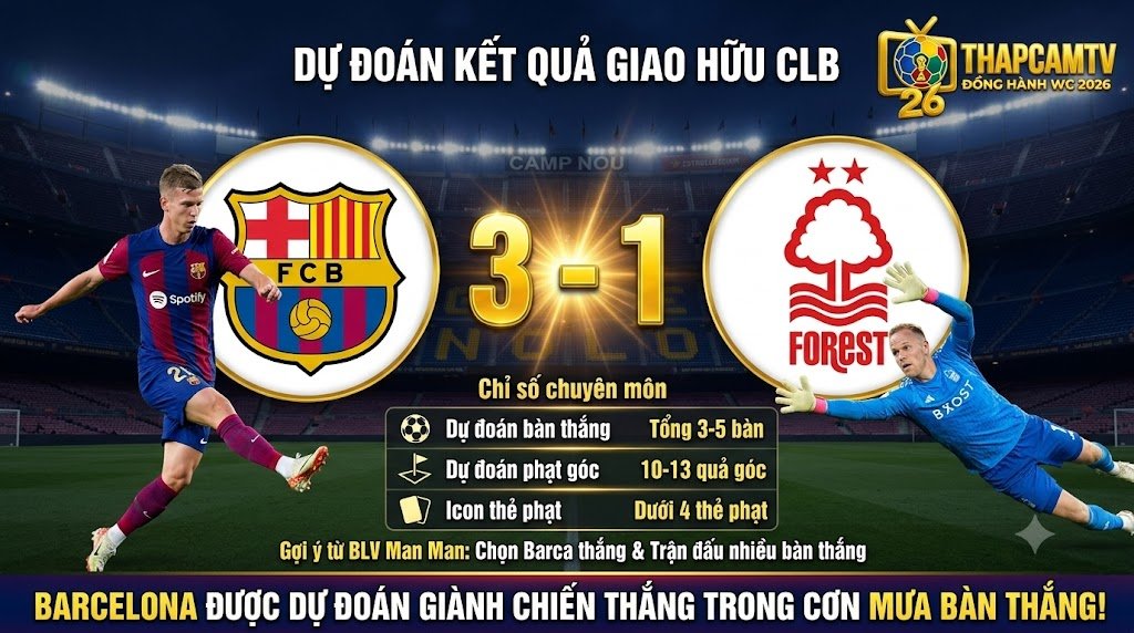 Dự đoán tỷ số 3-1 trận Barcelona vs Nottingham Forest và chỉ số phạt góc, bàn thắng từ ThapcamTV