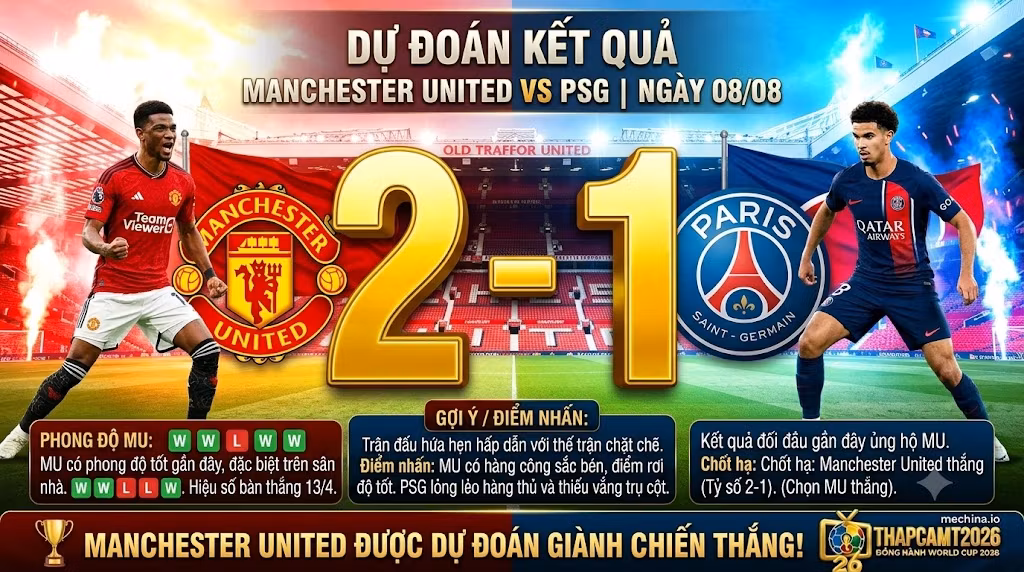 Dự đoán kết quả tỷ số Manchester United 2-1 PSG. Xem trực tiếp bóng đá giao hữu tốc độ cao và cập nhật tỷ số tại mechina.io.