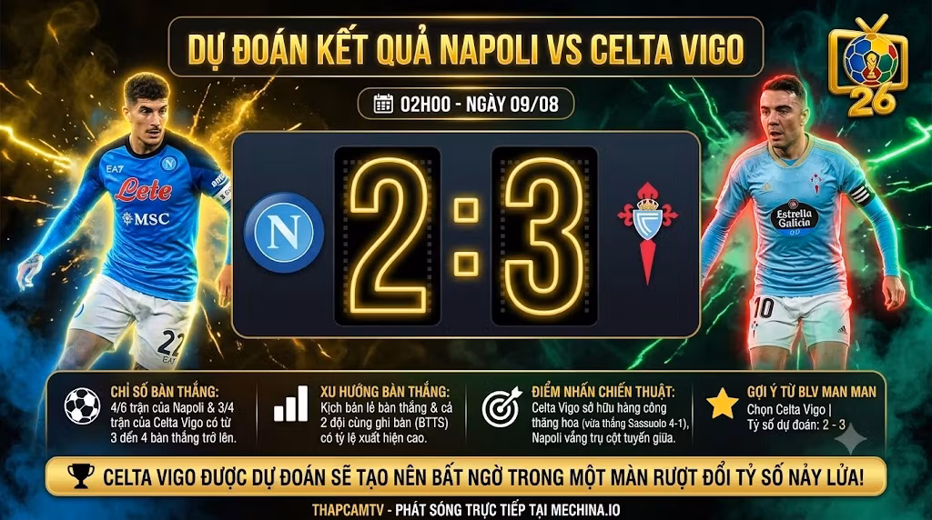 Chuyên gia ThapcamTV dự đoán tỷ số trận Napoli vs Celta Vigo (2-3) dựa trên các chỉ số dữ liệu chuyên môn và kịch bản bàn thắng.