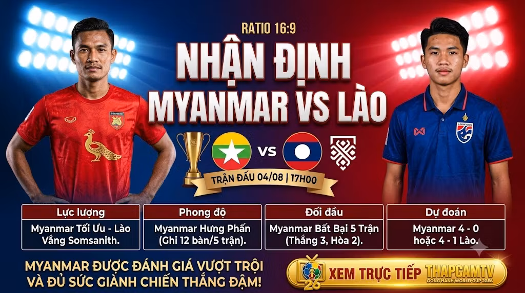 Nhận định trận đấu Myanmar vs Lào tại bảng B ASEAN Cup 2026, phát sóng trực tiếp trên ThapcamTV với dự đoán tỷ số 4-1.
