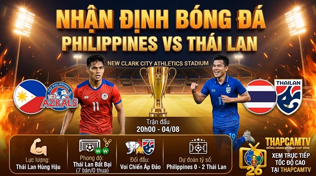 Nhận định tổng quan trận đấu Philippines vs Thái Lan lúc 20h00 ngày 4/8 tại vòng bảng ASEAN Cup 2026 trên nền tảng ThapcamTV.