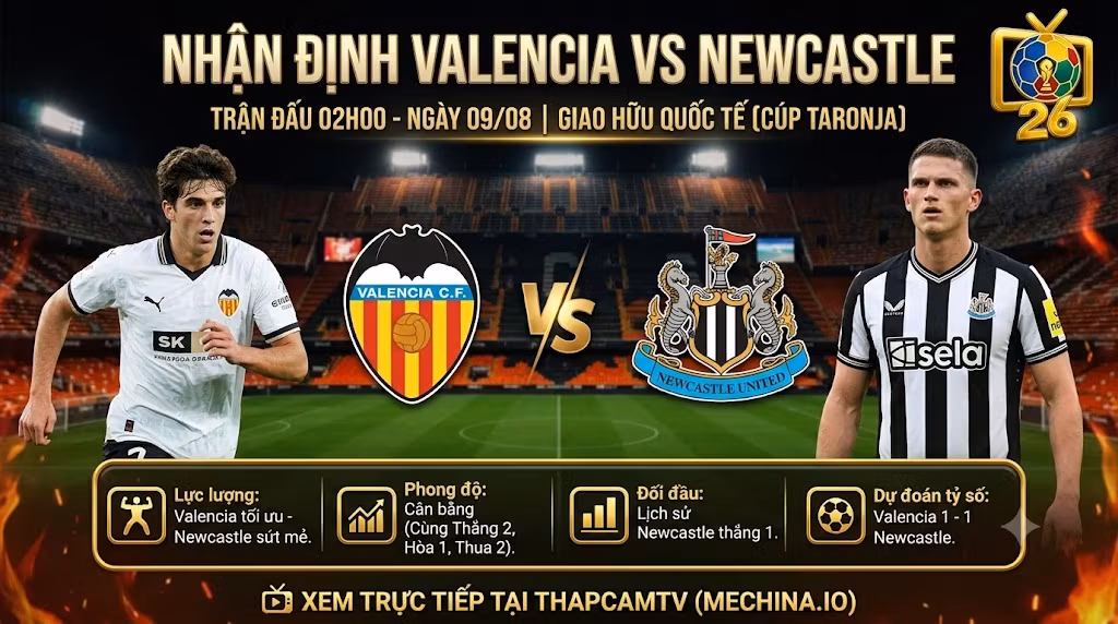 Hình ảnh nhận định tổng quan, thông tin lực lượng và phong độ trận Valencia vs Newcastle lúc 02h00 ngày 09/08.