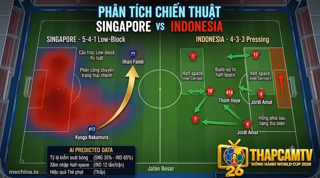 Đồ họa phân tích chiến thuật AI so sánh cấu trúc vận hành của Singapore và Indonesia. Phía bên trái cho thấy đội hình 5-4-1 Low-Block của Singapore với bản đồ nhiệt phòng ngự màu đỏ đậm. Phía bên phải cho thấy đội hình 4-3-3 Pressing của Indonesia với các mũi tên tấn công. Bảng số liệu AI dự đoán nằm ở phía dưới. Logo mechina.io và ThapcamTV.
