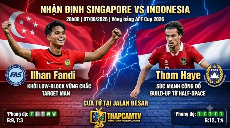 Đồ họa xem trước trận đấu AFF Cup 2026 giữa Singapore và Indonesia, có Ilhan Fandi của Singapore và Thom Haye của Indonesia ở hai bên, với quốc kỳ của họ ở phía sau. Văn bản bao gồm 'NHẬN ĐỊNH SINGAPORE VS INDONESIA' và 'CỬA TỬ TẠI JALAN BESAR'. Logo ThapcamTV và mechina.io được hiển thị.